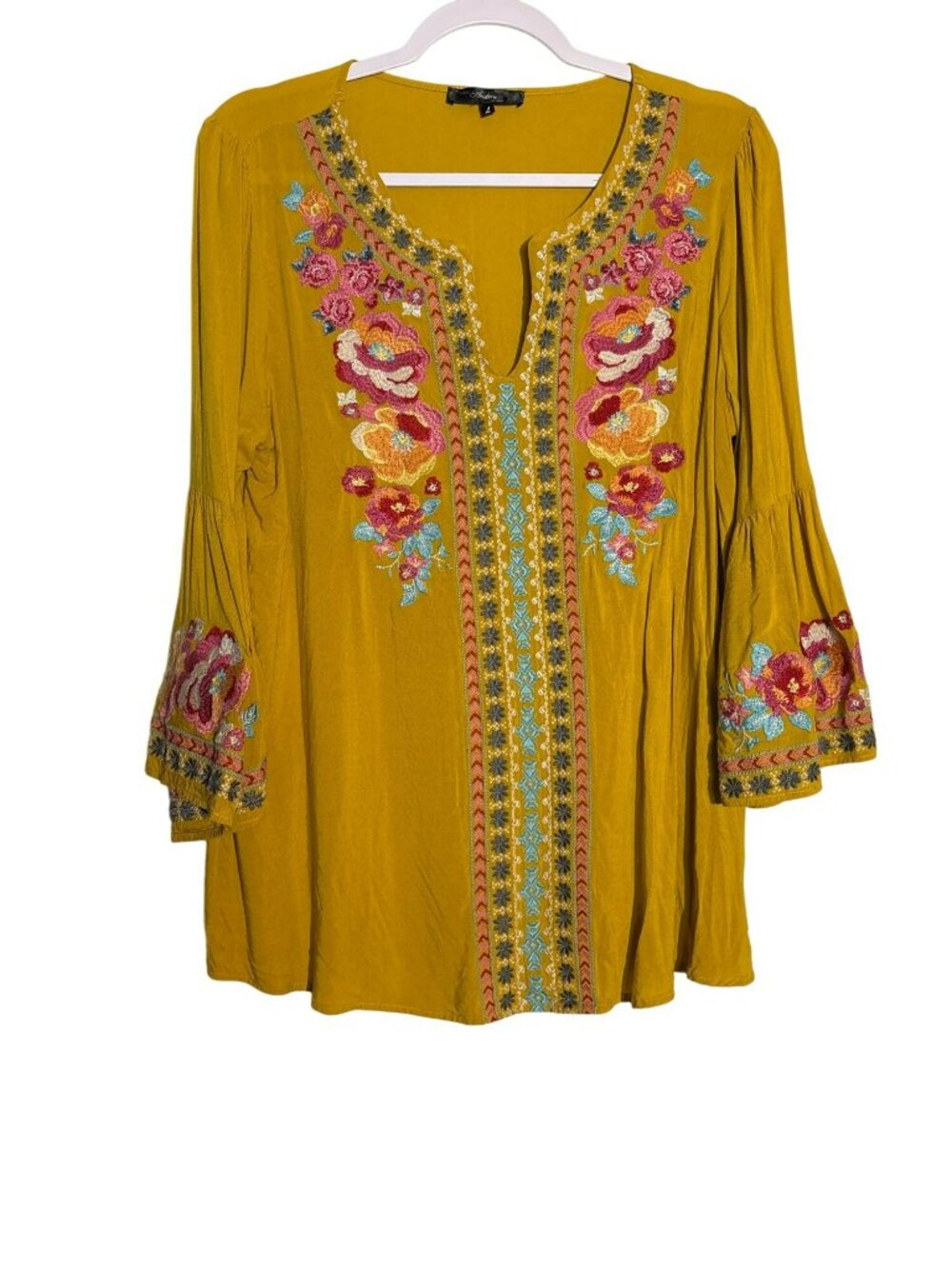Andree By Unit Mustard Yellow Embroidered Tunic Top With Bell Sleeves Size Large